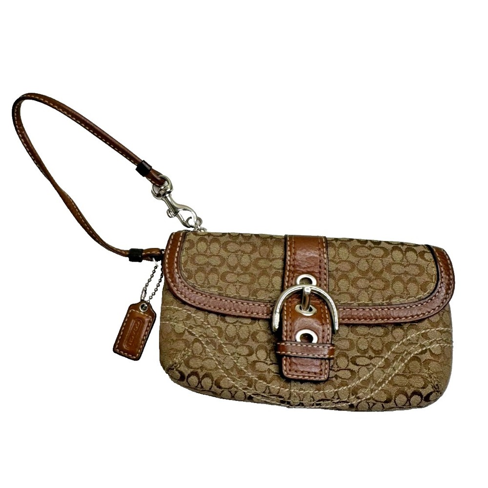 Coach Soho Signature C Buckle Wristlet Beige Jacquard Canvas Brown Leather Trim - Picture 1 of 14